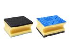 Two multi-layered kitchen sponges, one with a black scrubber and one with a blue patterned scrubber.