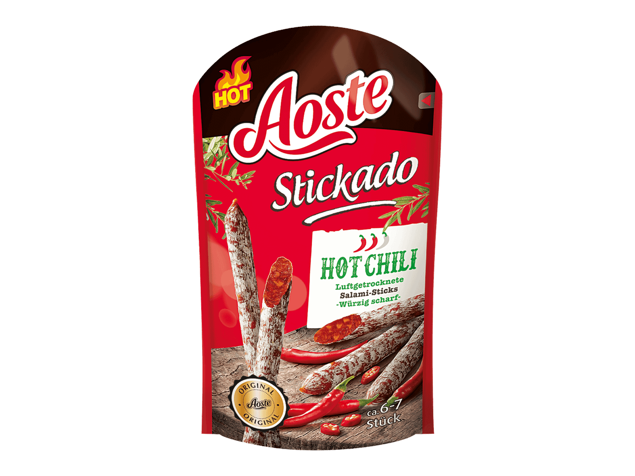 Aoste Stickado Hot Chili - mausteisia, ilmakuivattuja salamitikkusalameja.