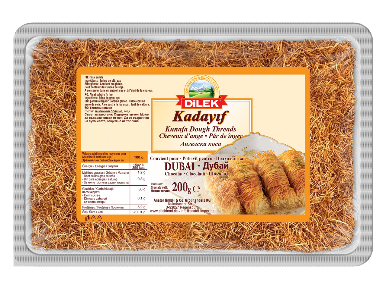 Dilek Kadayıf: pachet de 200g de fire de aluat Kunafa, ideal pentru deserturi în stil Dubai.