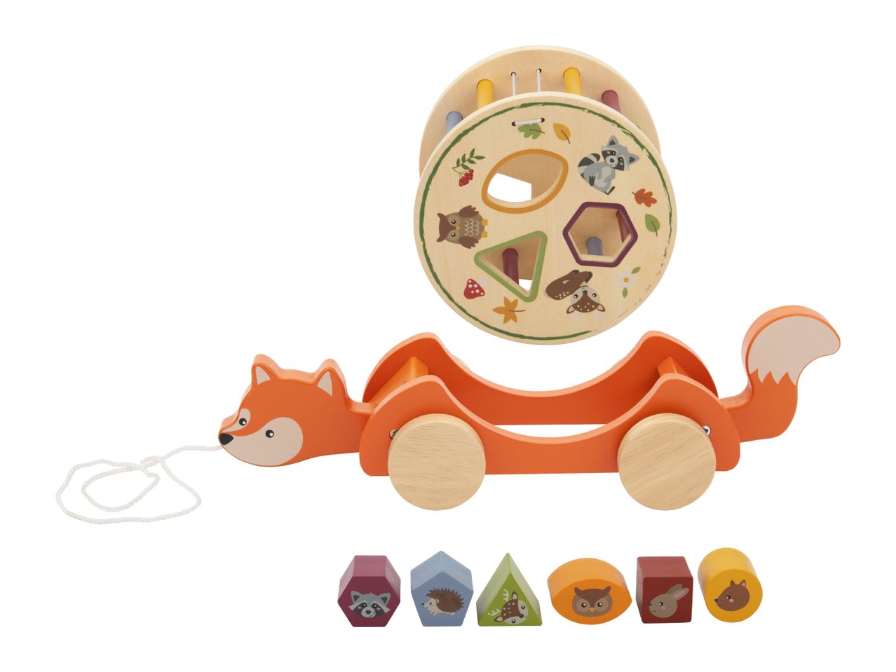 Wooden fox pull-along toy with a shape sorter and forest animal blocks.