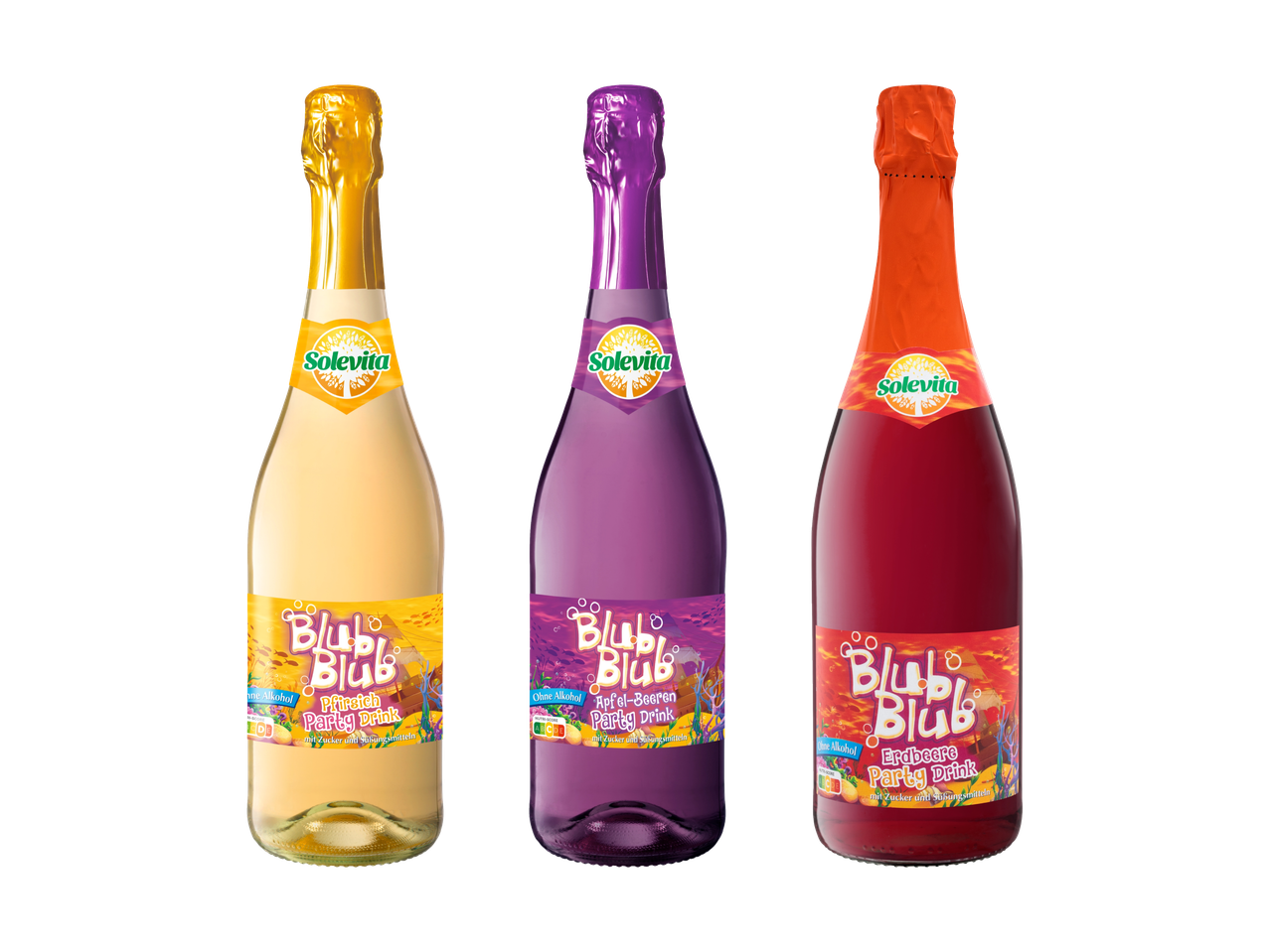 Drei Flaschen Solevita Blubi Blub Party Drinks in Pfirsich, Apfel-Beeren und Erdbeere.