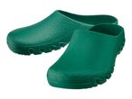 Pair of green medical clogs with textured surface and wavy soles