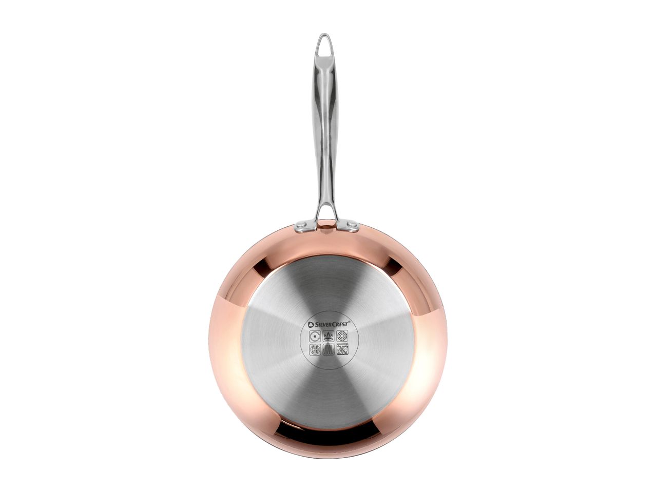 Underside of a copper-colored frying pan with a silver induction base and stainless steel handle