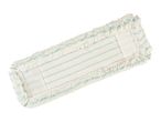White and blue microfiber mop pad with fringe edges, isolated on a white background.
