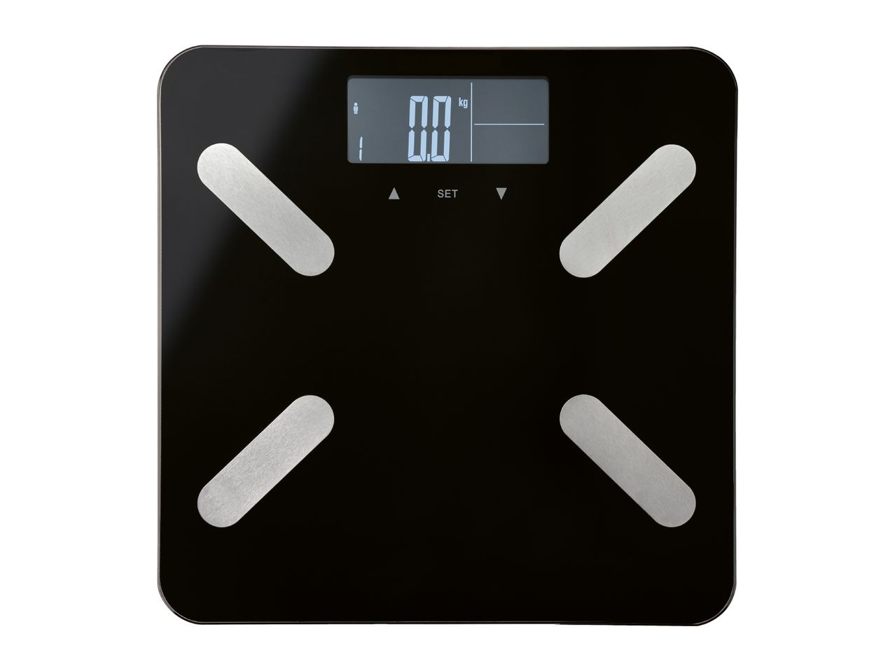 Black digital bathroom scale with silver electrodes, displaying '0.0 kg' and user icon.