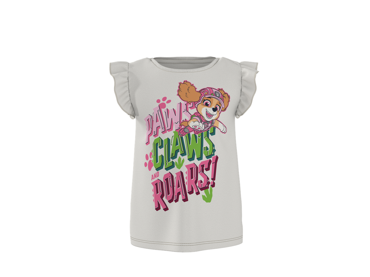T-shirt branca de menina com folhos, gráfico de cachorro e texto 'PAWS CLAWS AND ROARS!'
