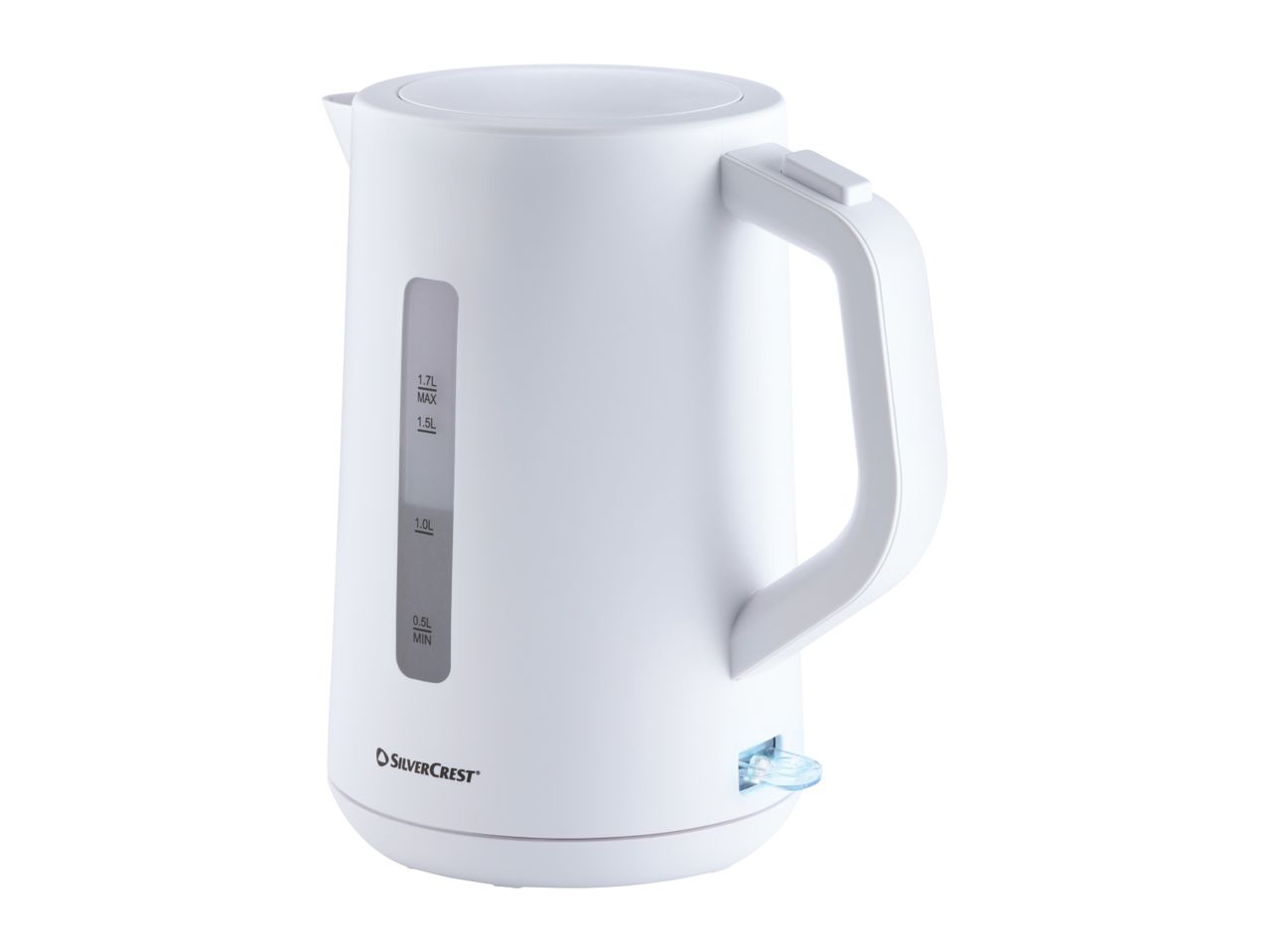 White electric kettle with a water level indicator and an illuminated power switch.