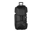 Black rolling duffel bag with an extendable handle and side pockets.