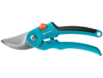 Tesoura de poda Gardena com cabos azuis, fecho de segurança laranja e lâmina prateada.