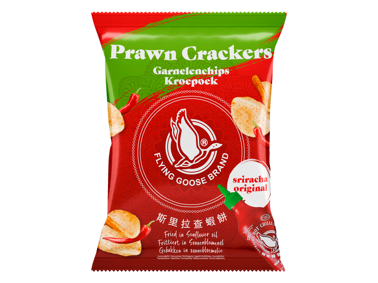 Flying Goose garnalencrackers, sriracha smaak.