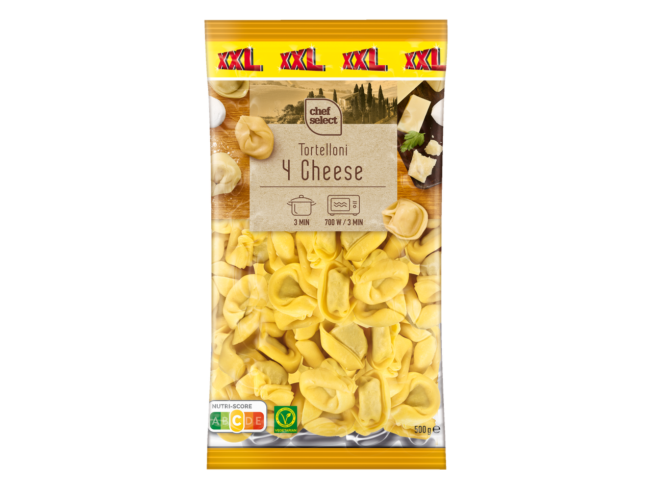 Chef Select XXL torteloni su 4 sūriais pakuotėje.
