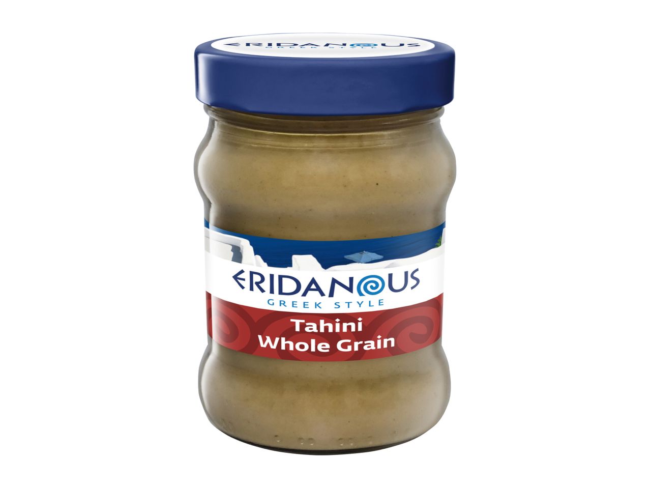 Eridanous Greek Style Tahini Whole Grain in a glass jar with a blue lid