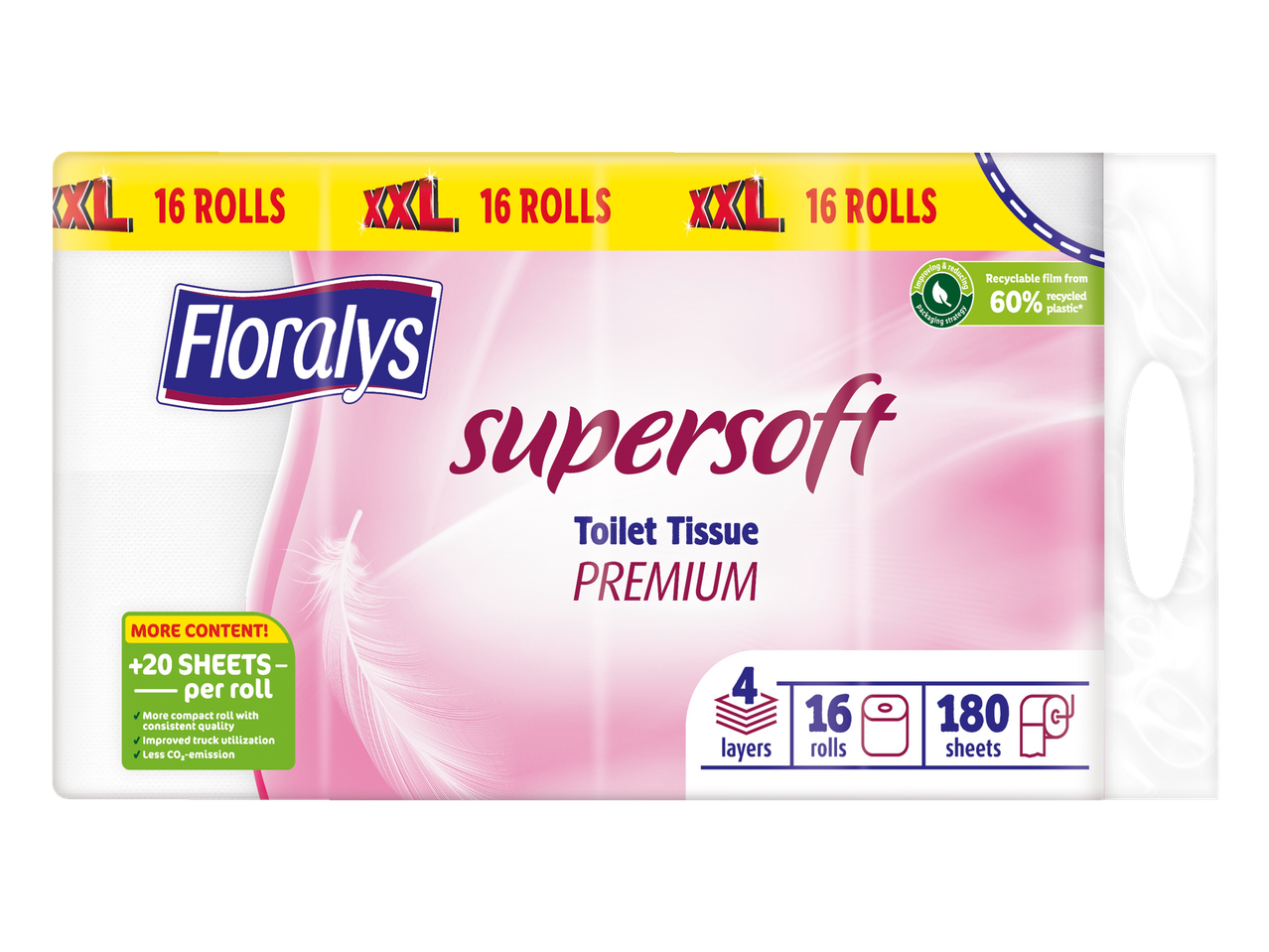 Floralys Supersoft Premium toiletpapier, 16 XXL rollen, 4 lagen, 180 vellen per rol.