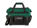 Green and black tool bag with multiple pockets and a shoulder strap.