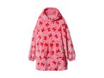 Pink oversized hoodie with red candy cane and bow patterns
