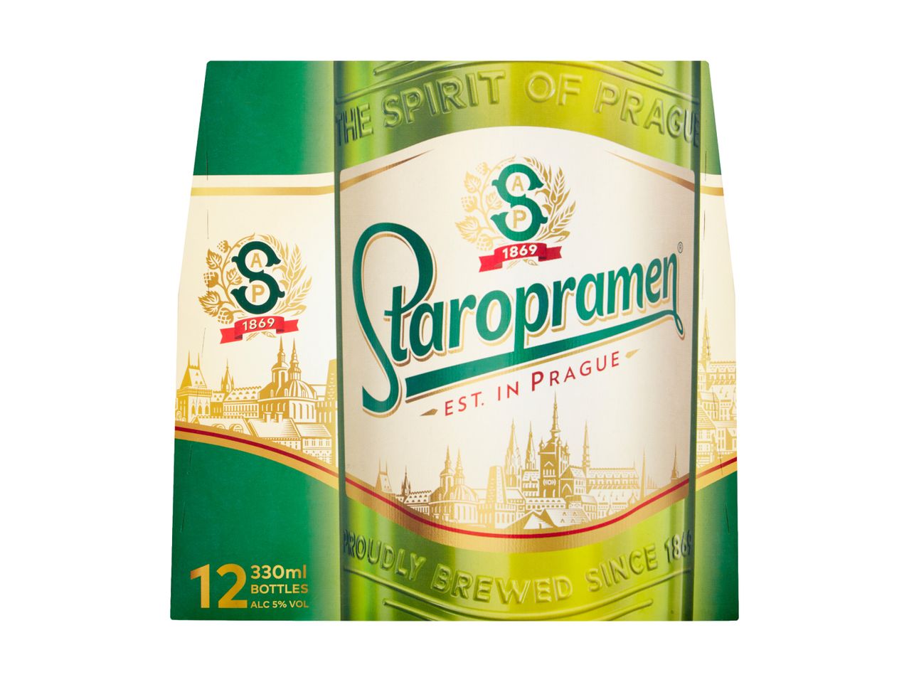 Staropramen 12-pack of 330ml beer bottles, 5% ABV, with Prague cityscape design.