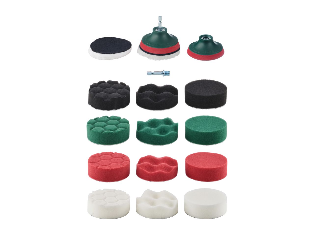 Set of polishing pads and buffing wheels in various colors and textures, with drill attachments.