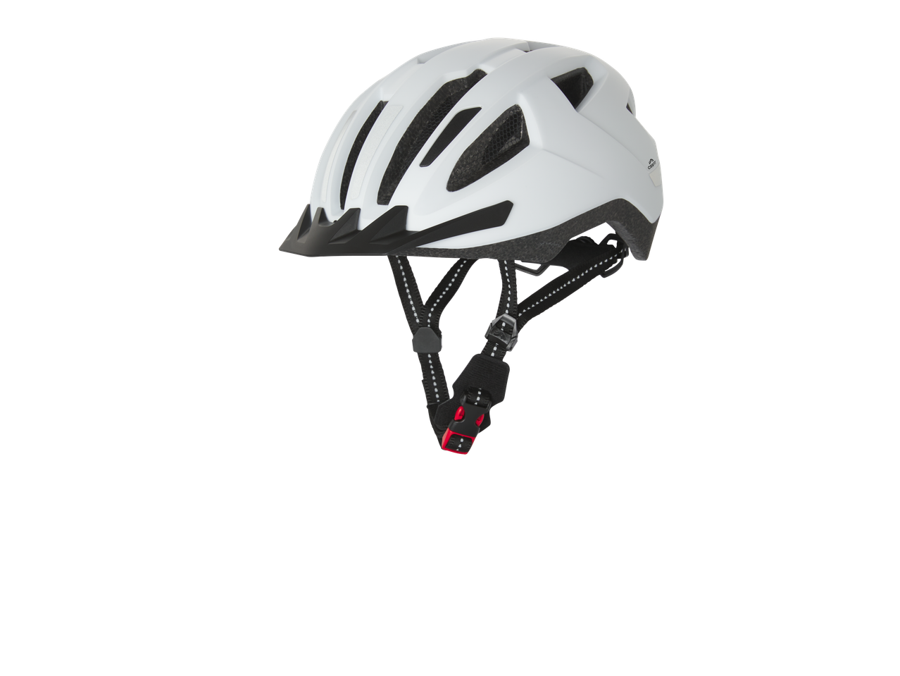 Valge CRIVIT jalgrattakiiver musta visiiri ja tagatulega.