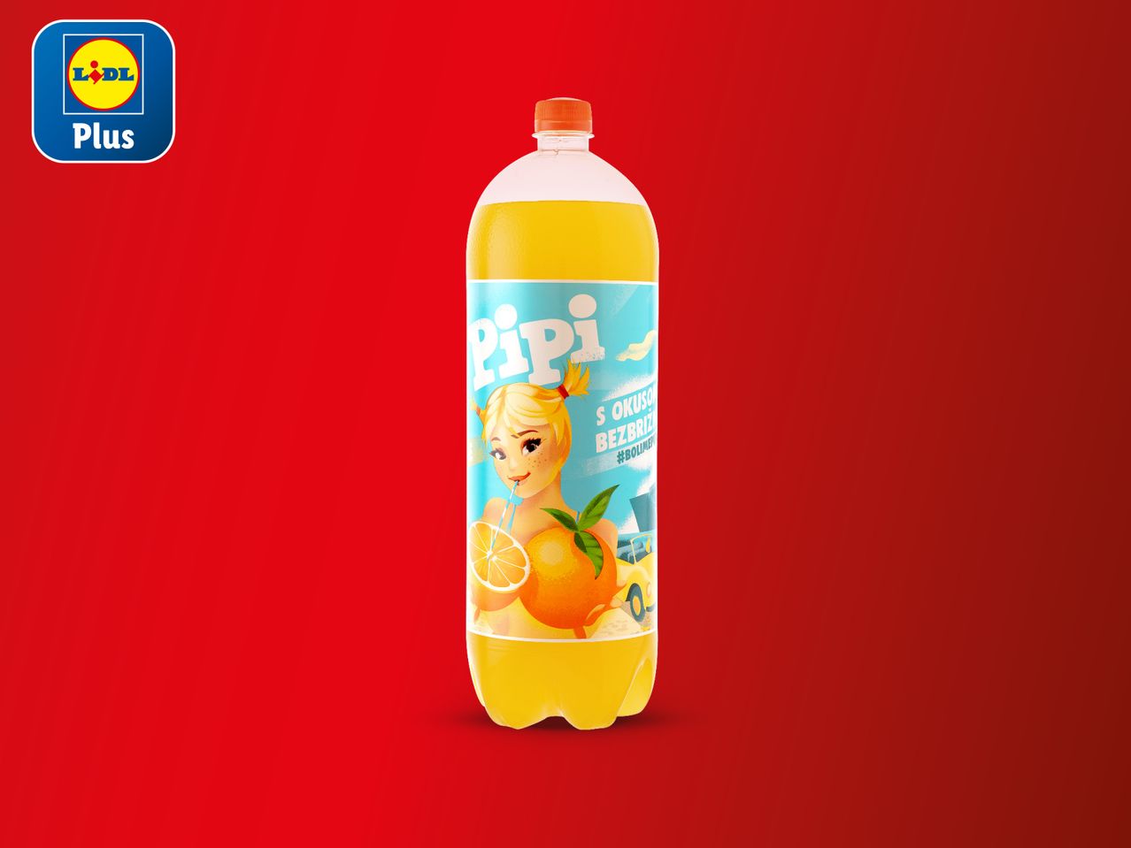 Boca Pipi s okusom naranče i logotipom Lidl Plus na crvenoj pozadini.