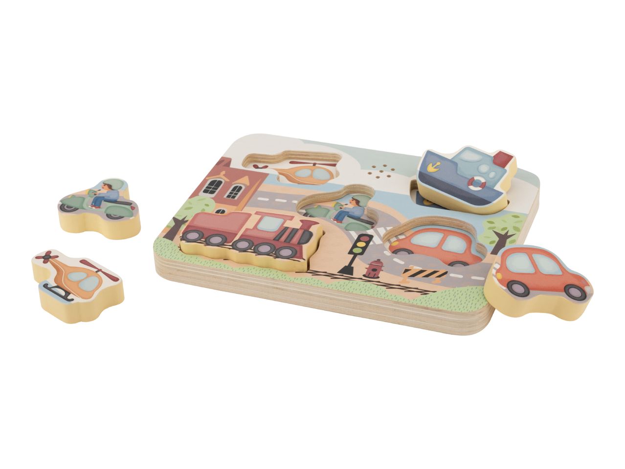 Wooden puzzle board with various vehicle pieces like a train, car, helicopter, and scooter.