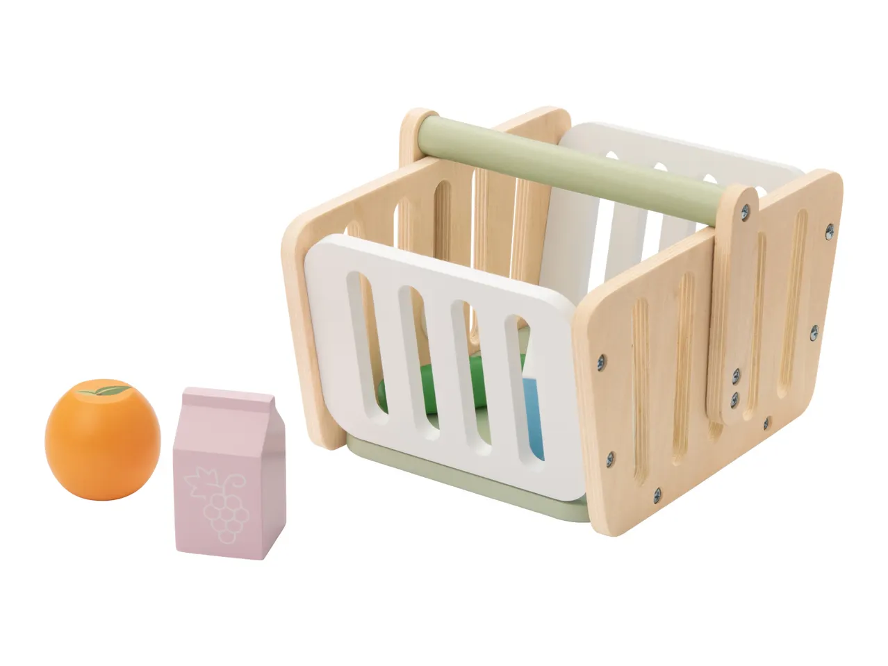 Wooden toy shopping basket with an orange and a pink juice carton.