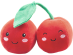 Two plush red cherries with smiling faces and a green stem with a leaf.
