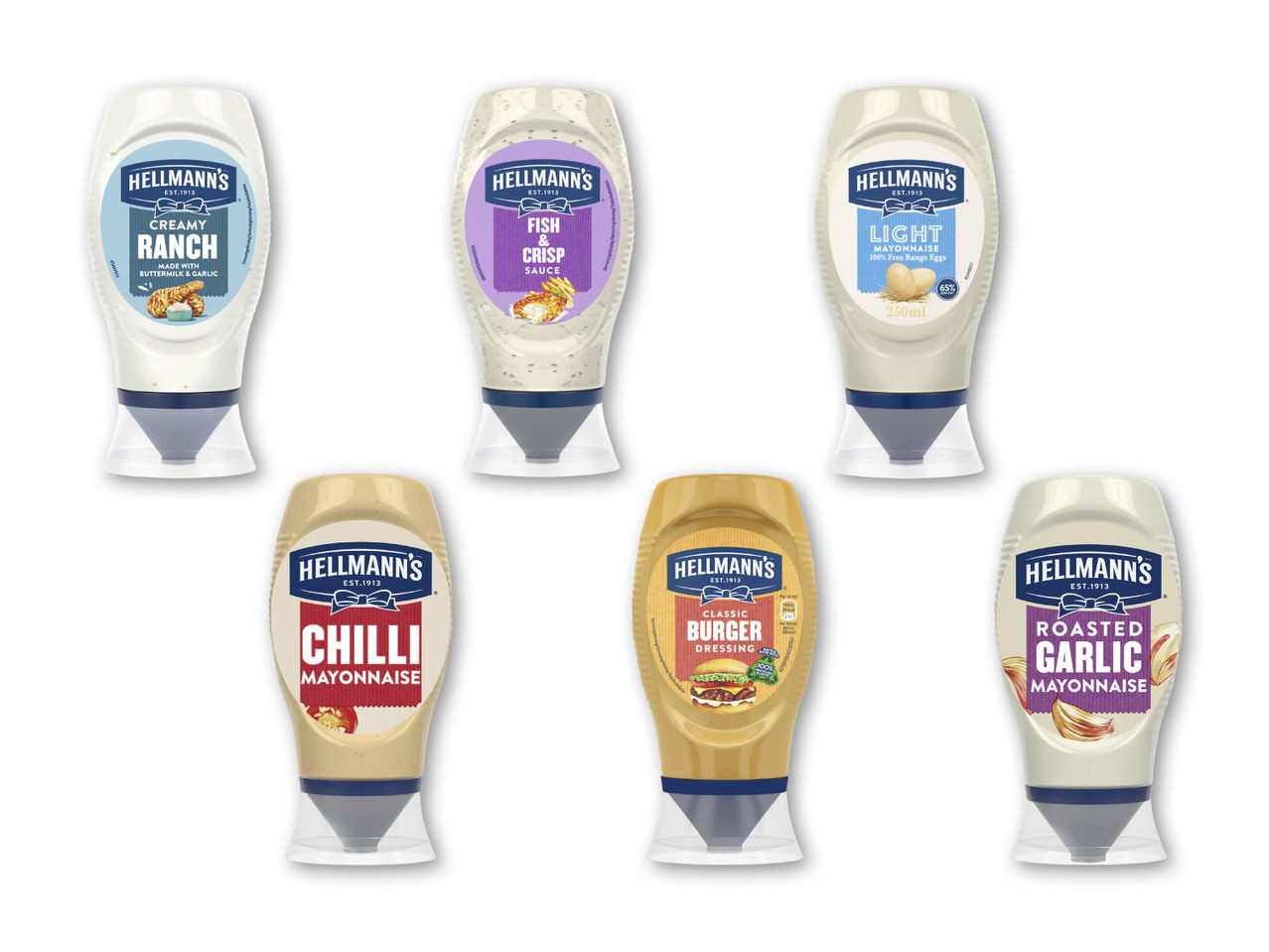 Seks flasker mayonnaise og dressing, herunder Creamy Ranch, Fish & Crisp, Light, Chilli, Classic Burger og Roasted Garlic.