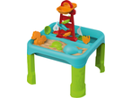 Colorful sand and water play table with a water tower, sand molds, and toy boats.