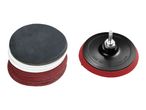 Stack of sanding discs in various grits and a red and black backing pad with a spindle.
