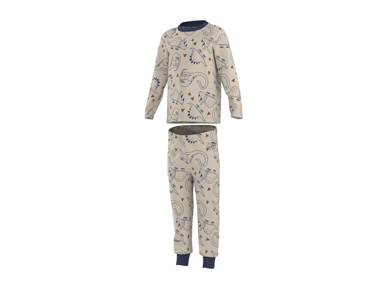 Kids' pajamas with a dinosaur pattern, featuring a long-sleeved top and matching pants.