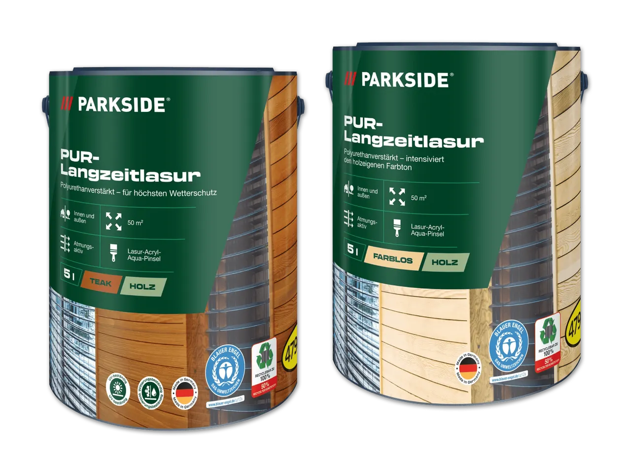 Zwei Dosen Parkside PUR-Langzeitlasur für Holzschutz.