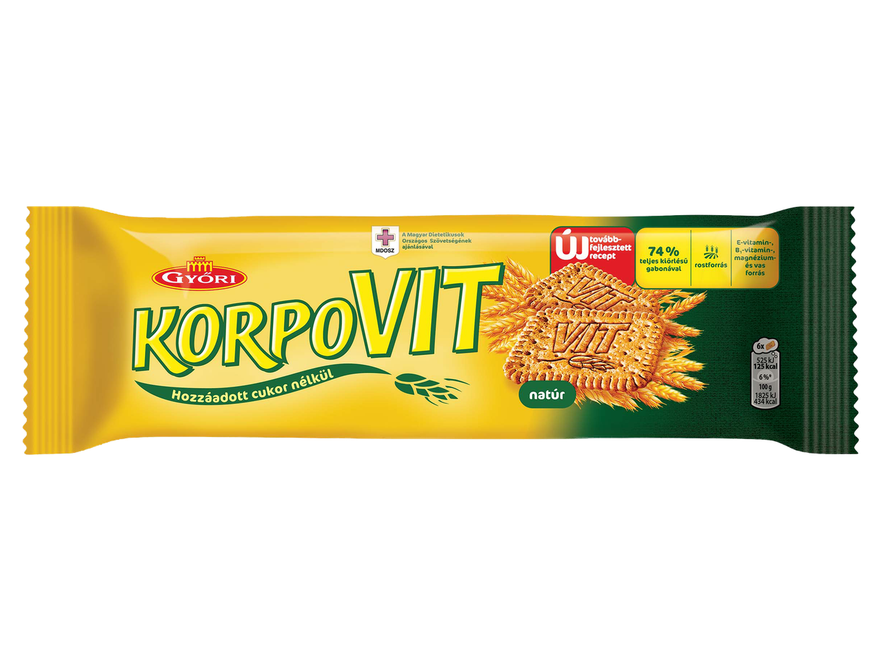 Hozzáadott cukor nélküli, natúr korpás keksz sárga csomagolásban.