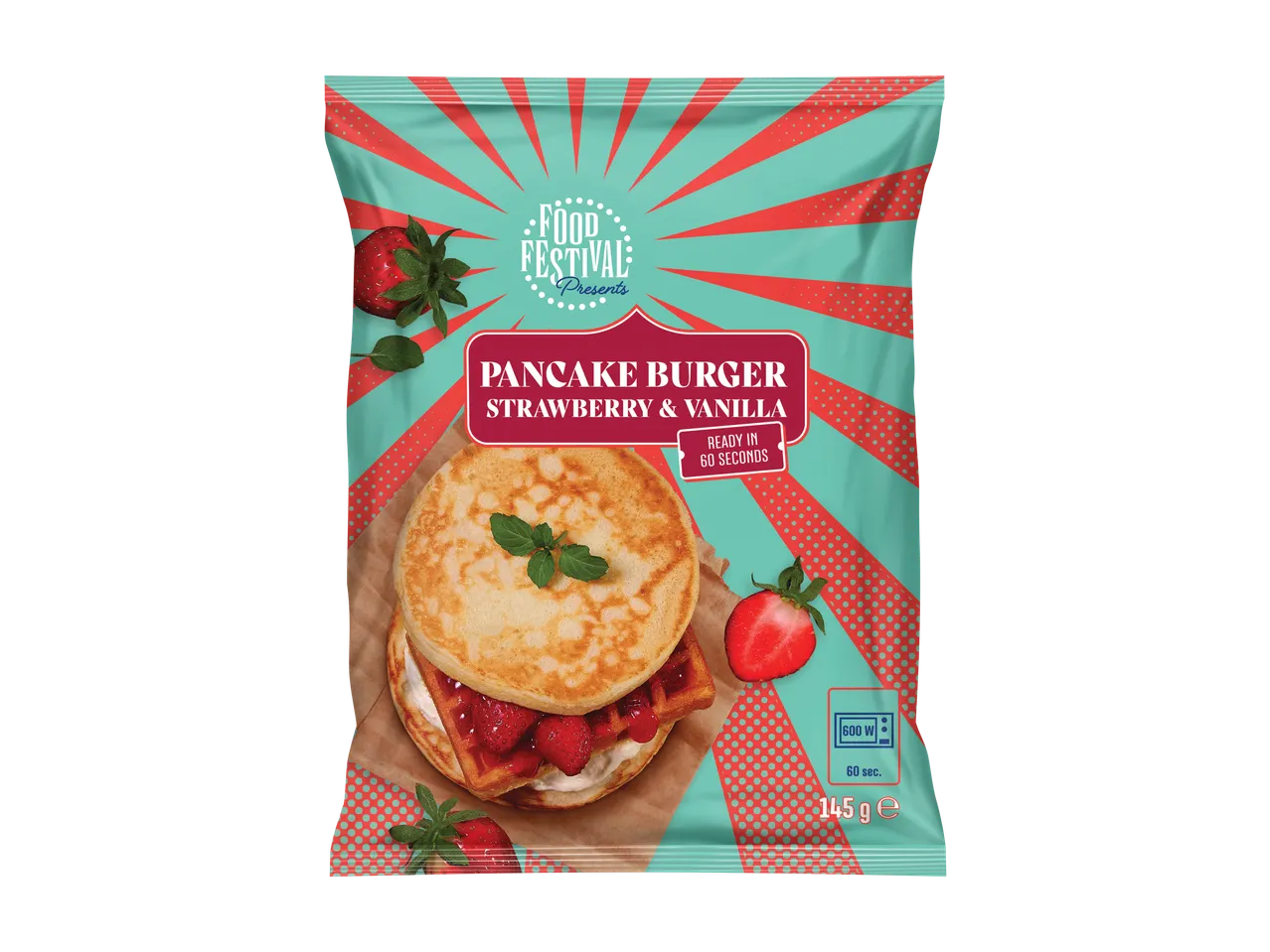 Food Festival Pancake Burger with strawberry and vanilla, ready in 60 seconds, 145g.