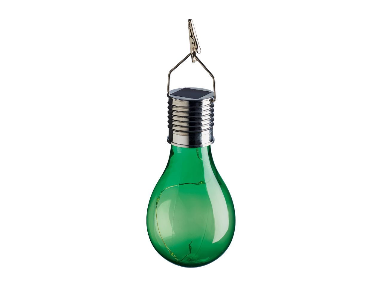 Green solar-powered light bulb with a clip for hanging.