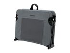Foldable pet carrier in grey with a mesh window and black handles, standing upright.