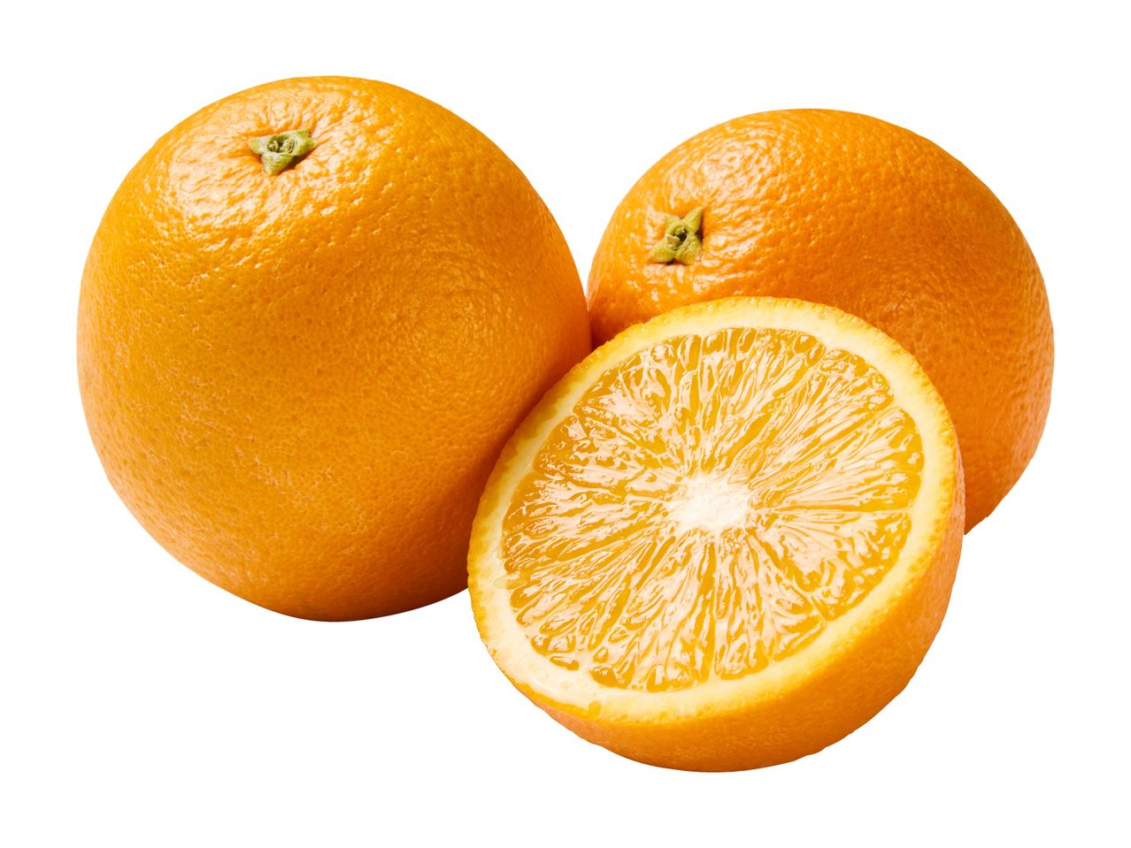 Two whole oranges and a sliced orange half.