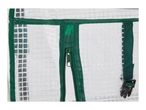 Close-up of a clear greenhouse cover with green trim, zipper, and buckle.