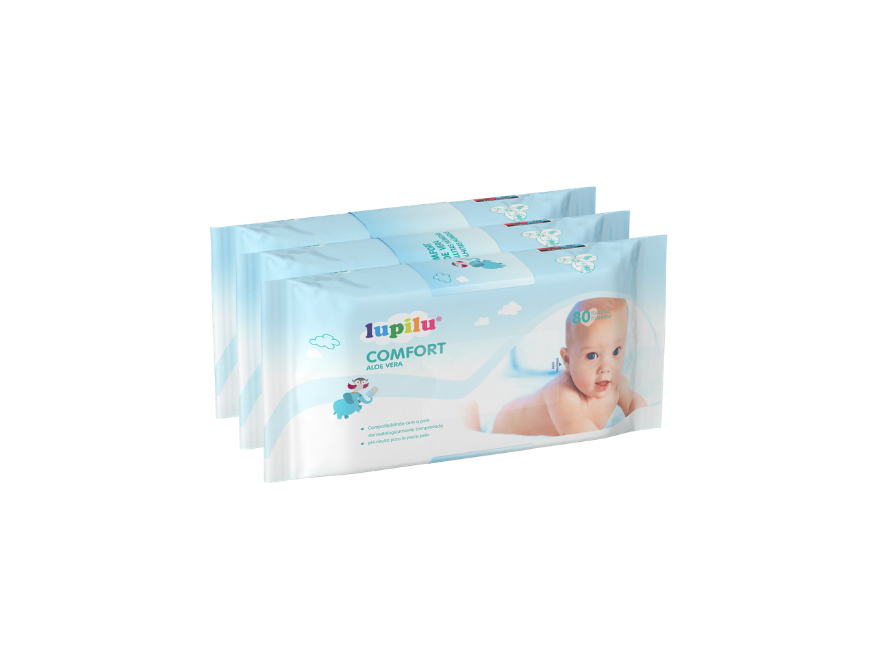 Três pacotes de lenços umedecidos Lupilu Comfort com aloe vera para bebês.