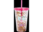Glitter tumbler with straw: 'Good vibes only'.