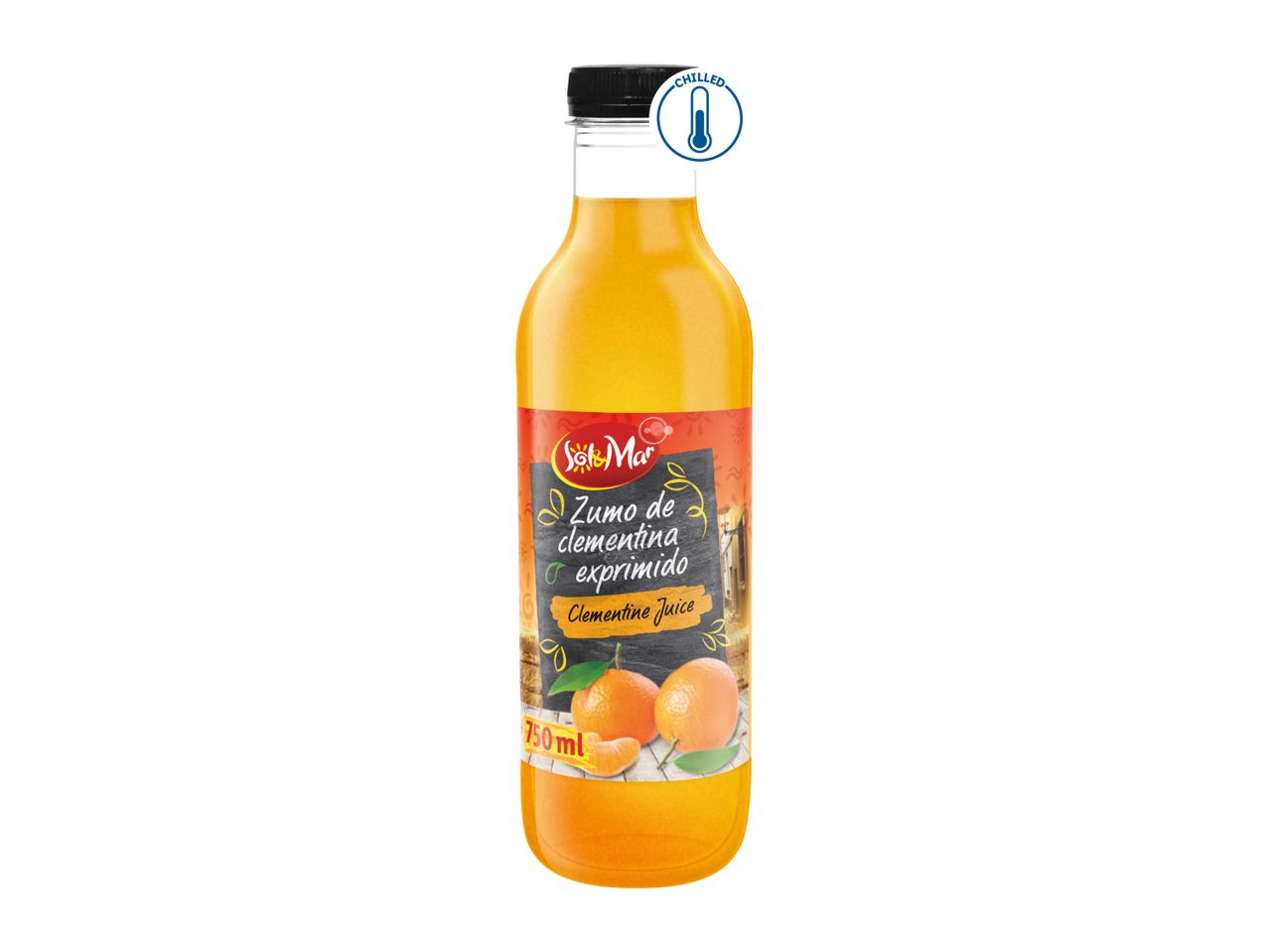Bottle of chilled clementine juice with a label showing clementines and text in Spanish and English.