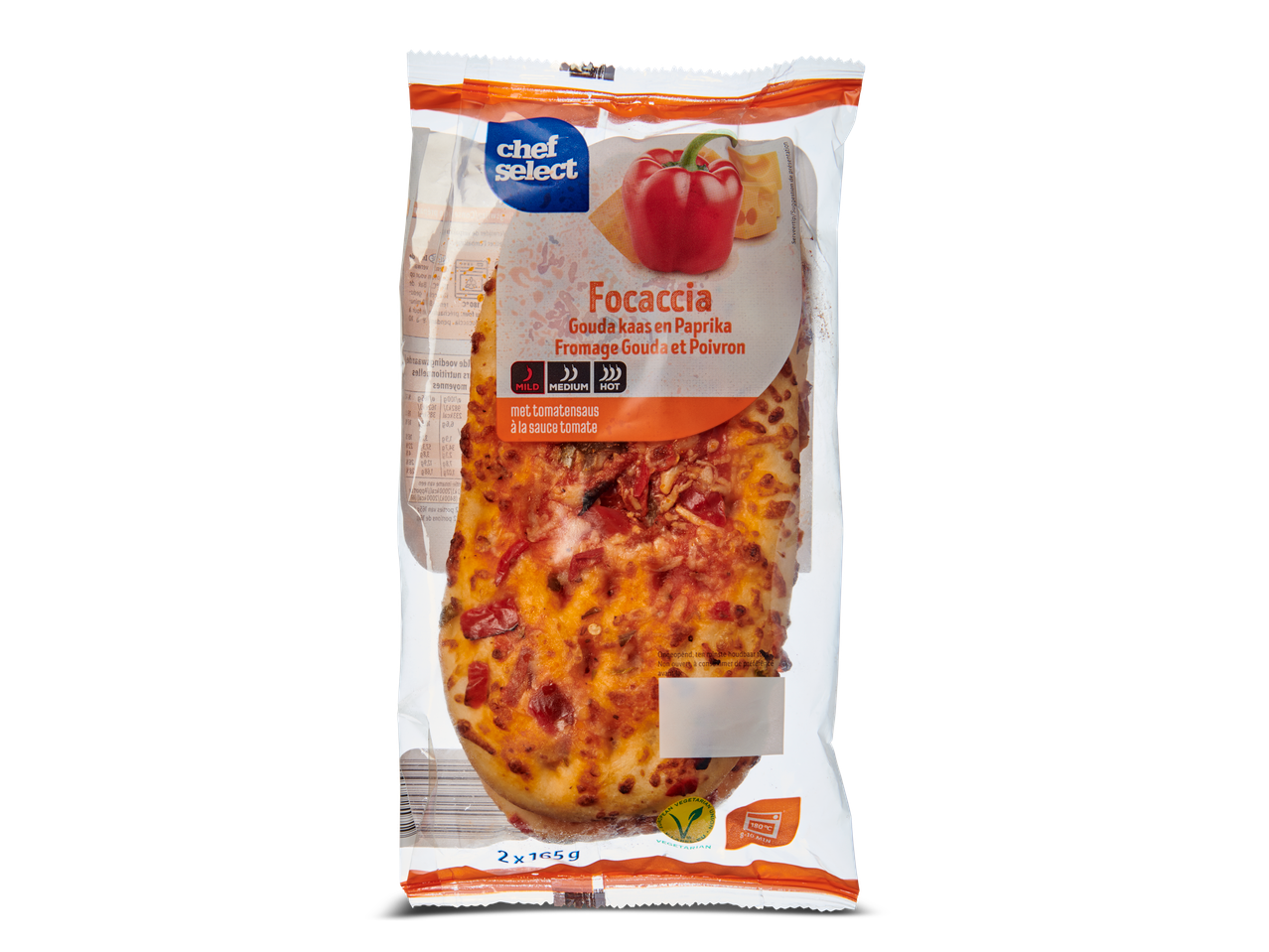 Chef Select Focaccia met Goudse kaas en paprika, met tomatensaus.
