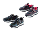 Zwei Paar Kindersportschuhe, ein Paar in Schwarz mit bunten Akzenten und ein Paar in Marineblau mit Pink.