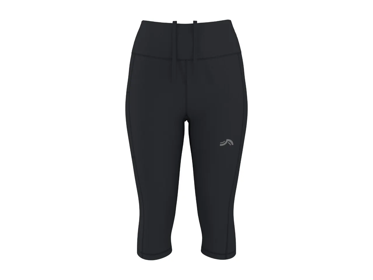 Black women's capri sports leggings with a subtle logo on the left thigh.