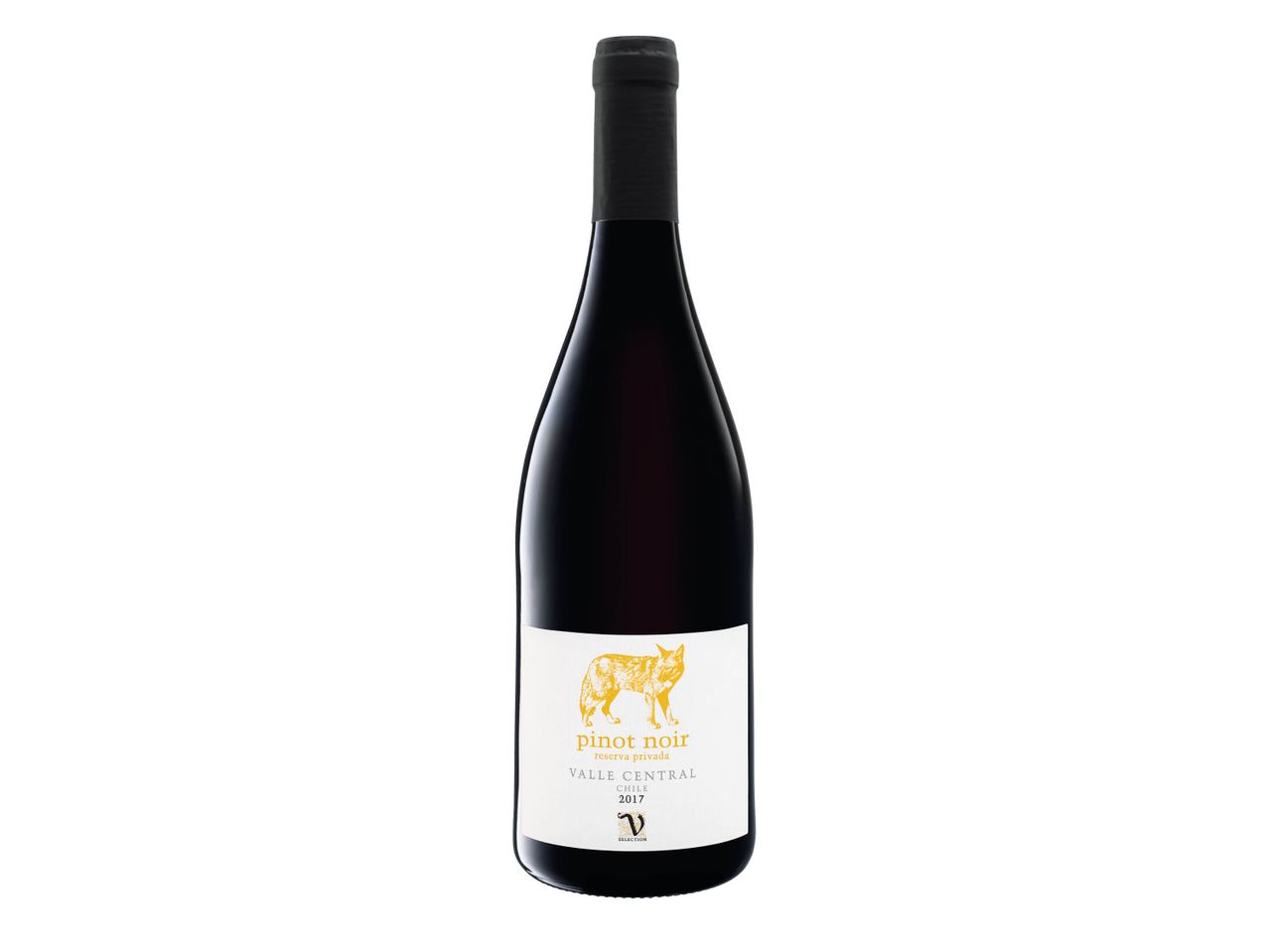 Chilensk Valle Central Pinot Noir vin med rævedesign.