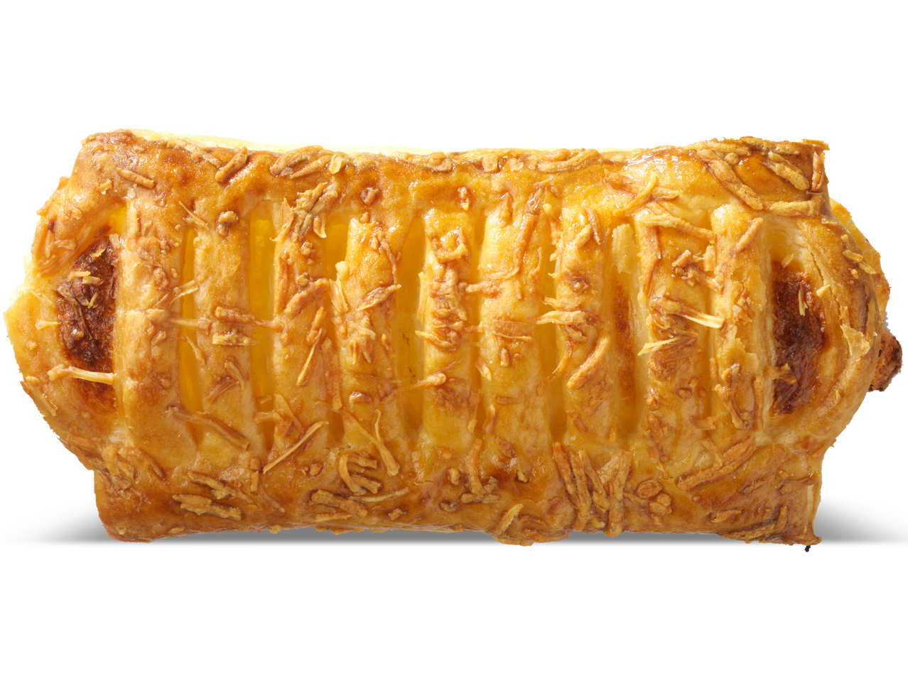 Een goudbruin kaasgebakje met een roosterpatroon.