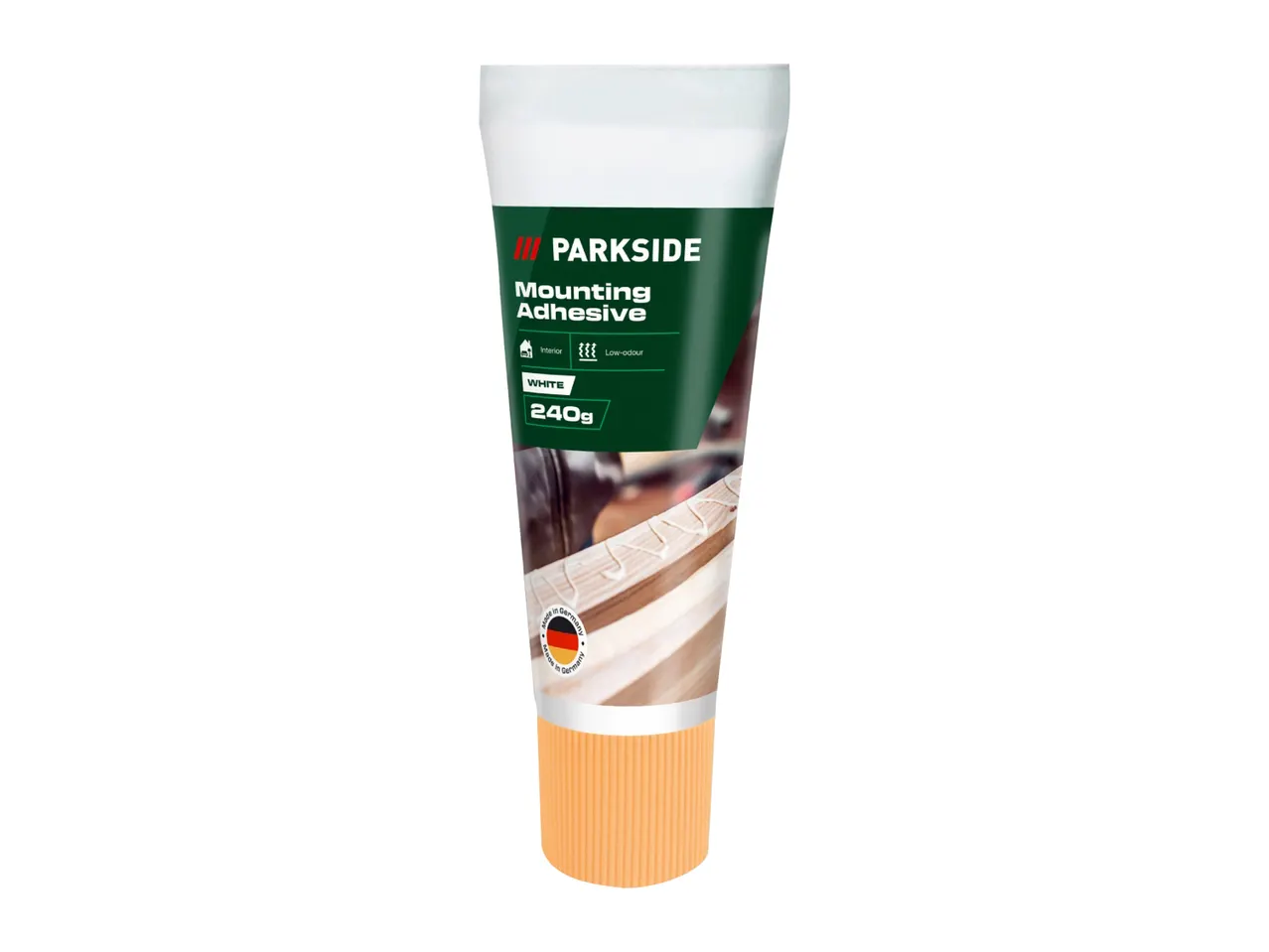 White mounting adhesive tube, 240g, for interior use, low-odour, made in Germany.