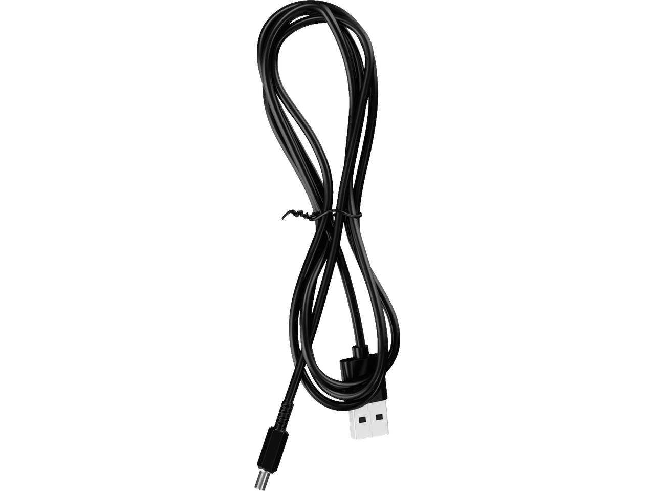 Cablu de încărcare negru, înfășurat, cu conector USB-A și un conector cilindric