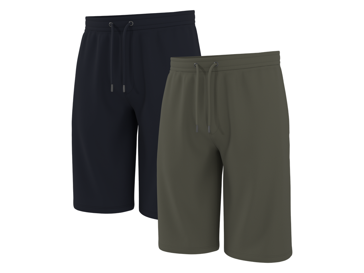 Dvoje muških kratkih hlača za slobodno vrijeme, jedne tamnoplave i jedne maslinastozelene.