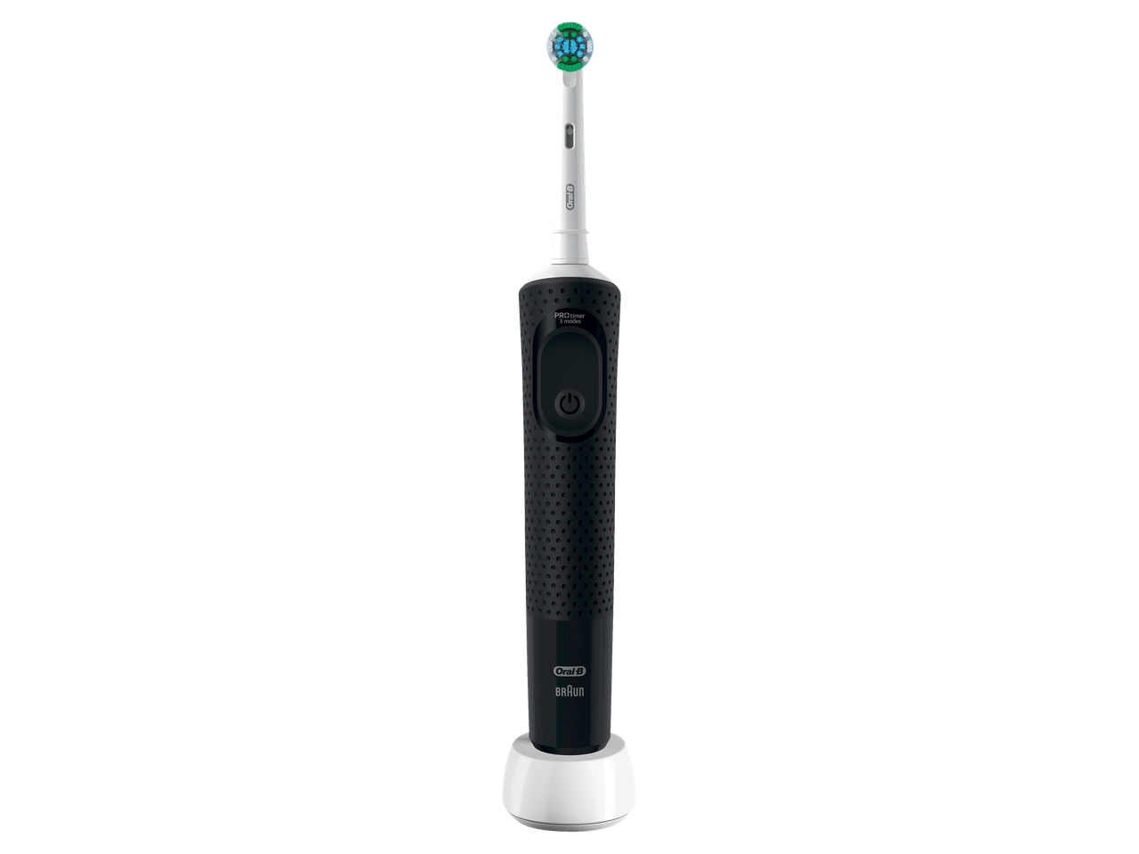 Oral-B electric toothbrush in black and white on a charging base.