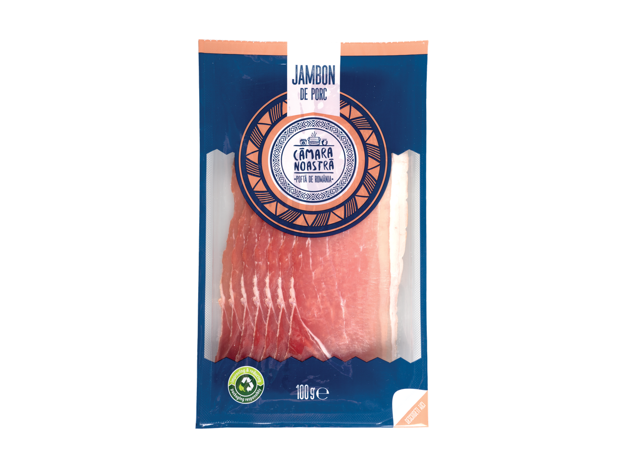 Felii de jambon de porc Camara Noastra ambalate.
